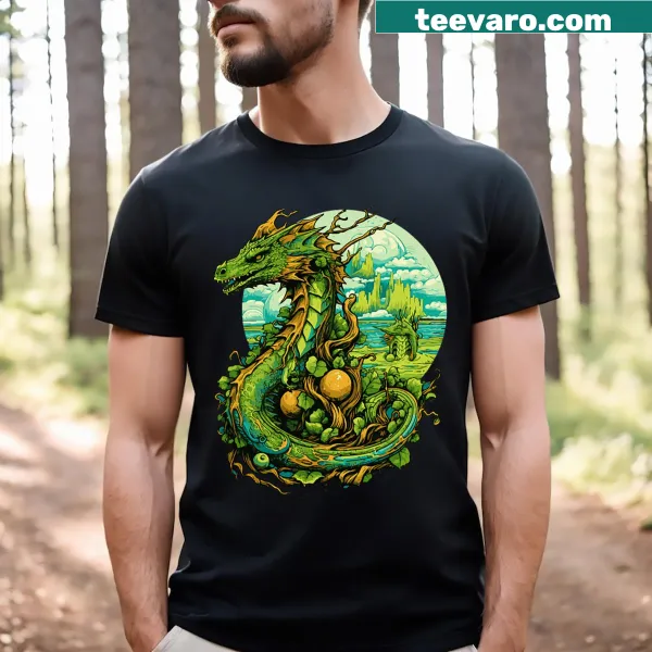 Fantasy T-shirt featuring a detailed green wood dragon illustration