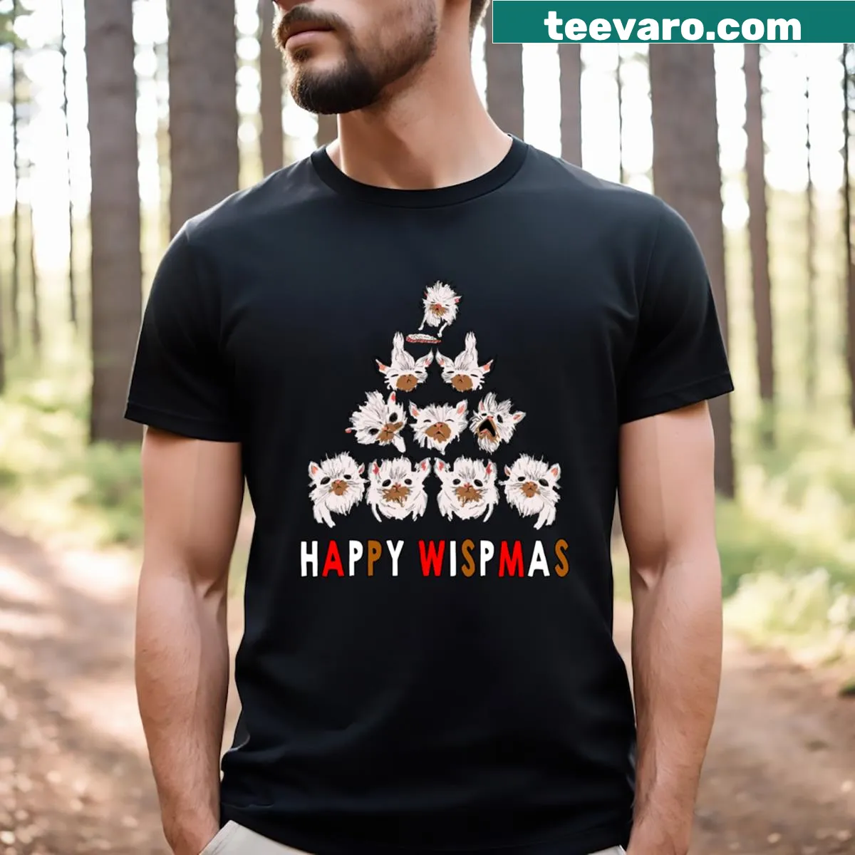 Funny Christmas T-shirt featuring Wisp the Cat with trees — on a men's t-shirt