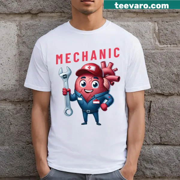 Humorous Heart Mechanic T-shirt for health workers with a playful slogan