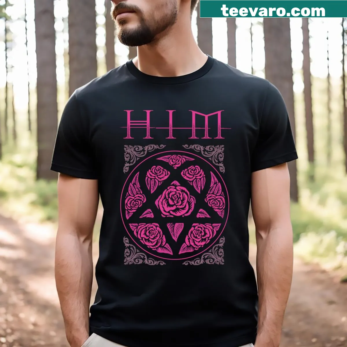Heartagram logo T-shirt representing the band HIM — on a men's t-shirt