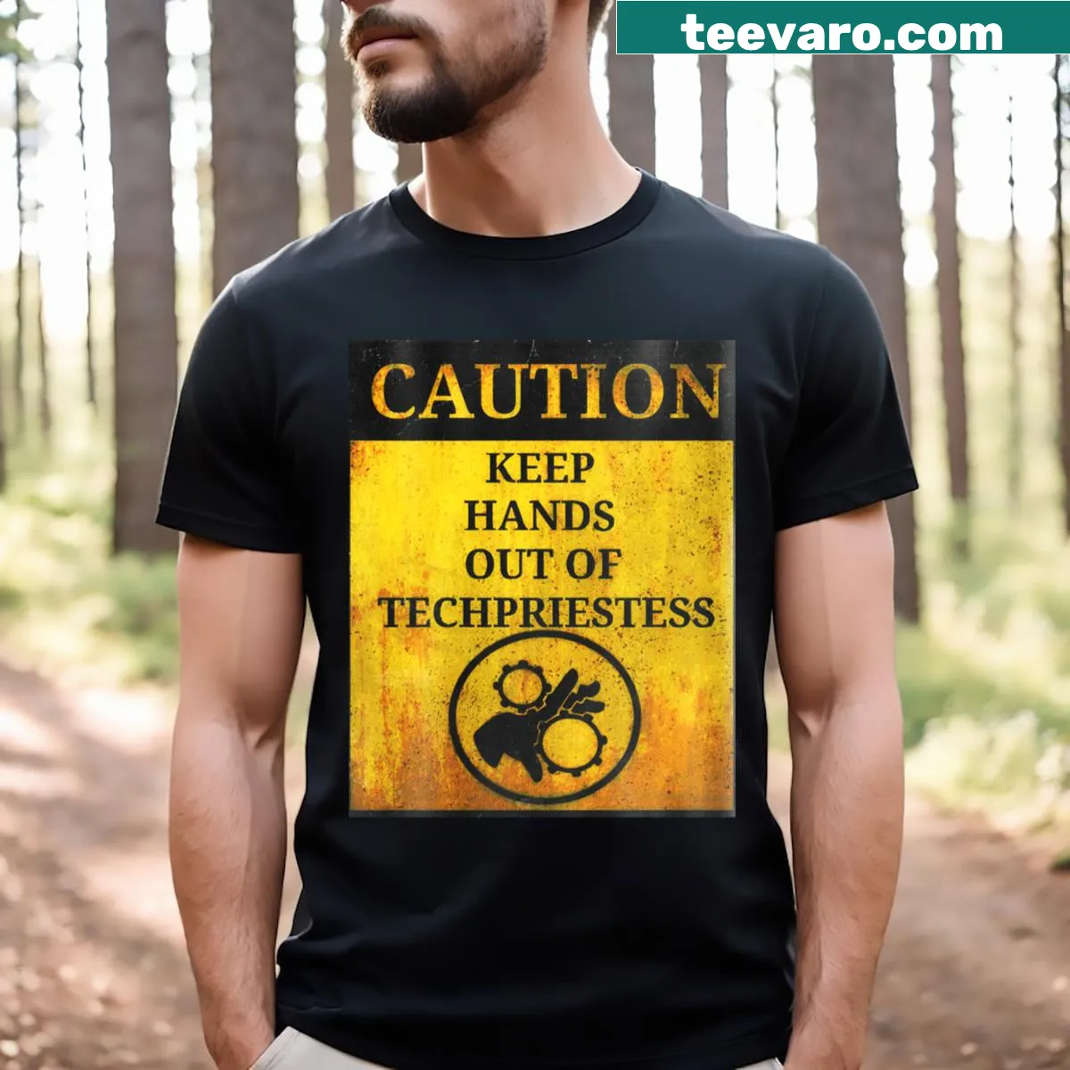 Humorous warning sign graphic for Techpriestess on T-shirt — on a men's t-shirt