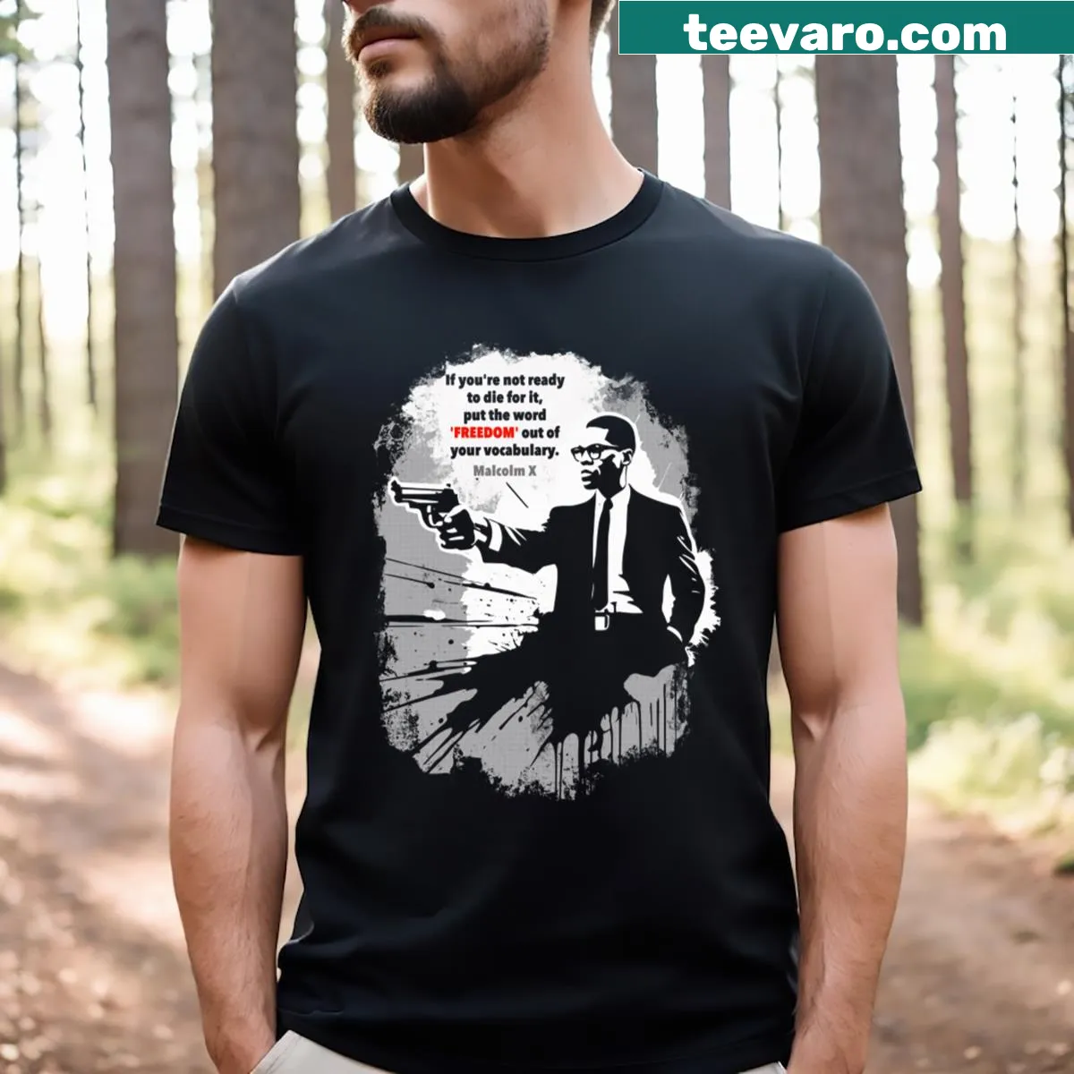 Malcolm X street art design t-shirt with bold typography — on a men's t-shirt