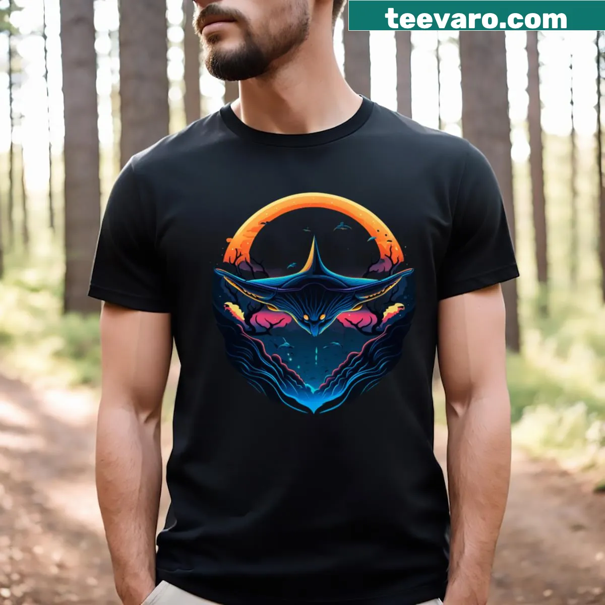 Illustrated T-shirt featuring a manta ray, celebrating marine life — on a men's t-shirt