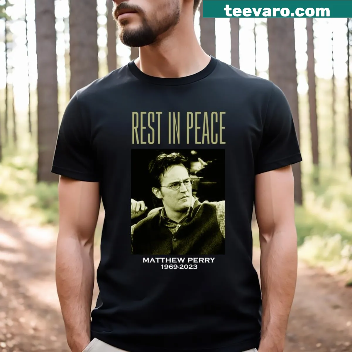 Matthew Perry tribute T-shirt with RIP design — on a men's t-shirt