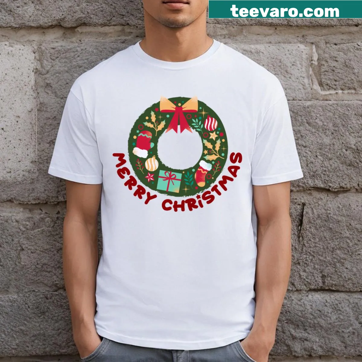 Illustrated Merry Christmas wreath T-shirt design for the holiday season — on a men's t-shirt