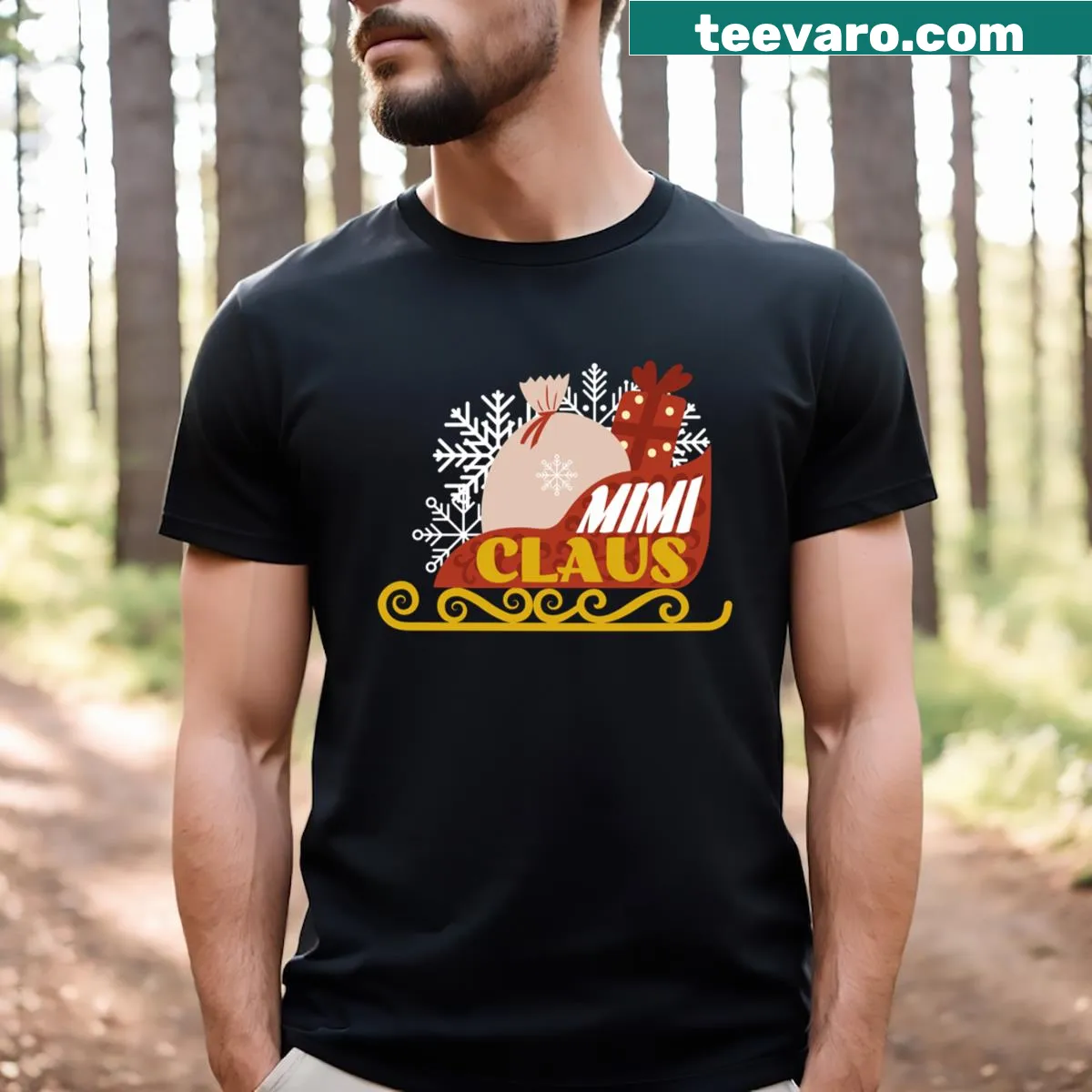 Funny holiday shirt with the phrase Mimi Claus for grandmas — on a men's t-shirt