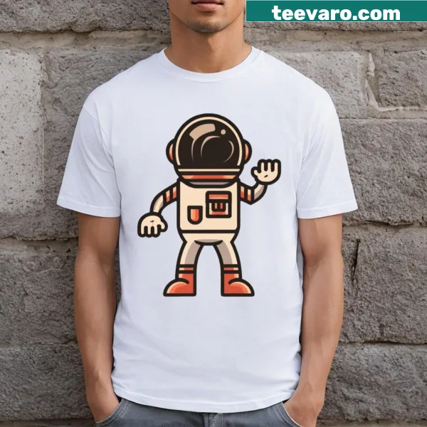 Minimalist spaceman outline graphic on a humorous t-shirt