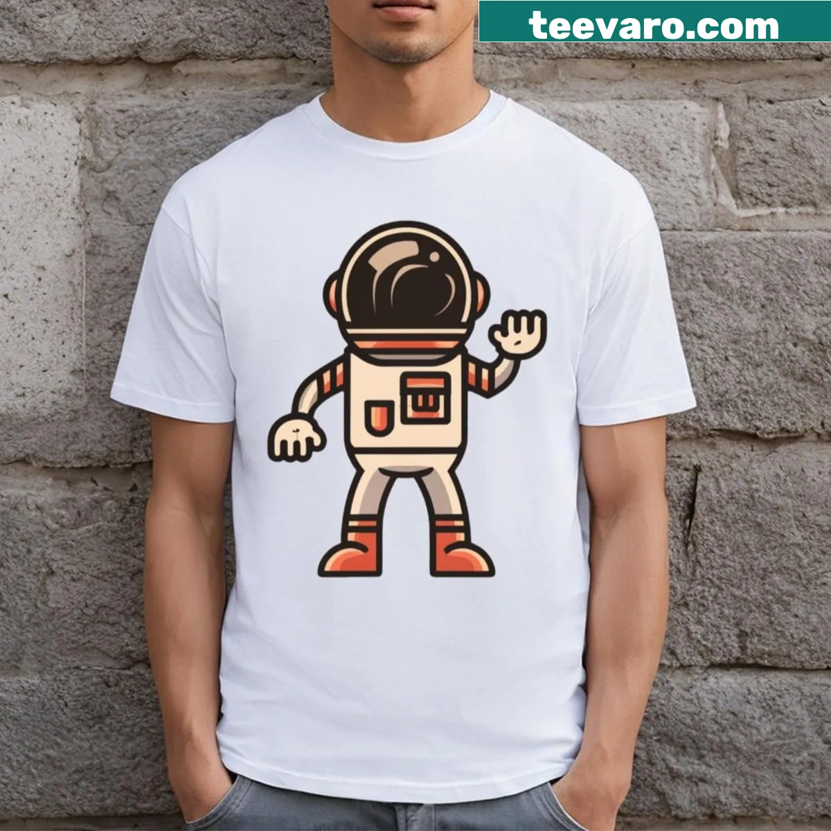 Minimalist spaceman outline graphic on a humorous t-shirt — on a men's t-shirt