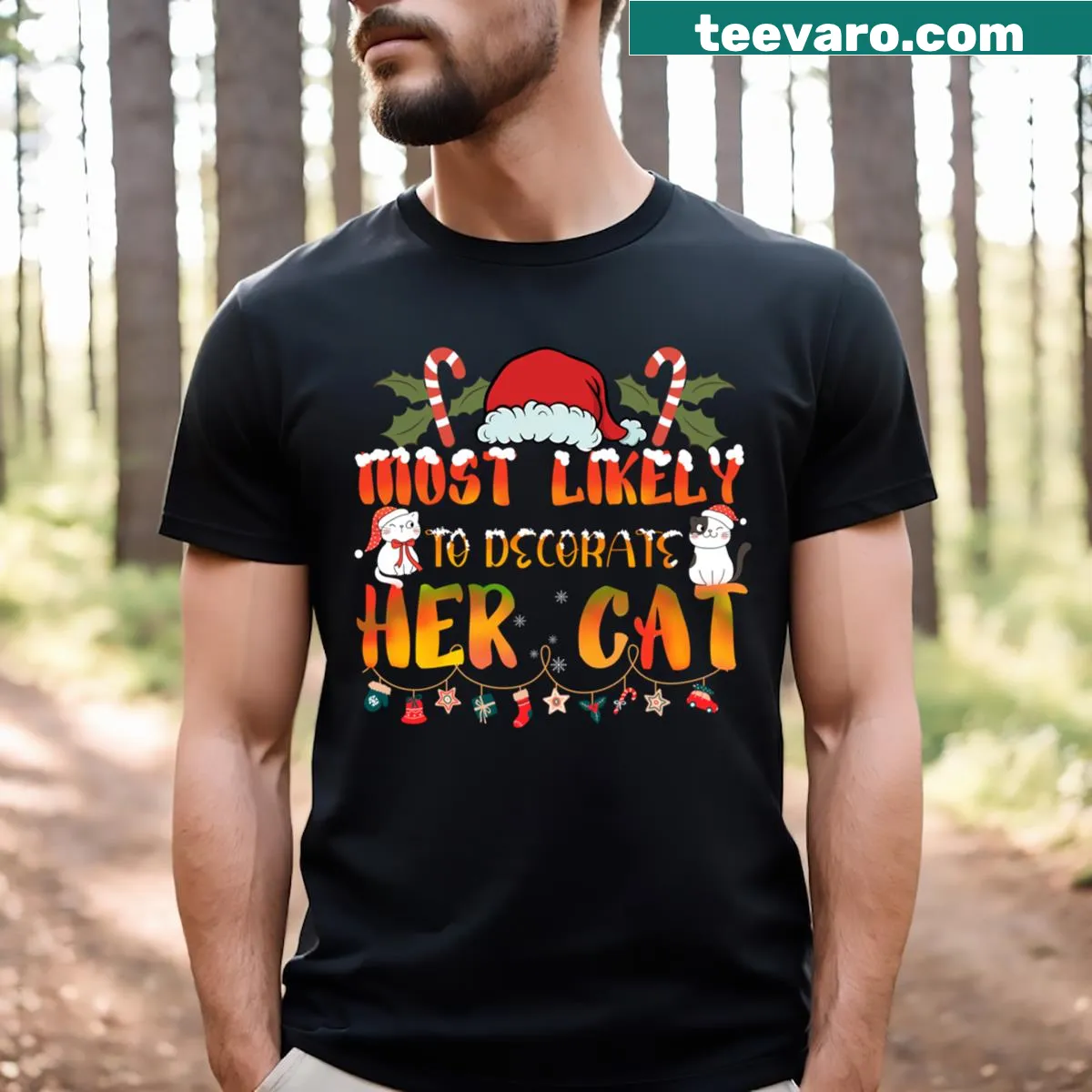 T-shirt with the phrase 'Most Likely To Decorate Her Cat' for cat lovers — on a men's t-shirt