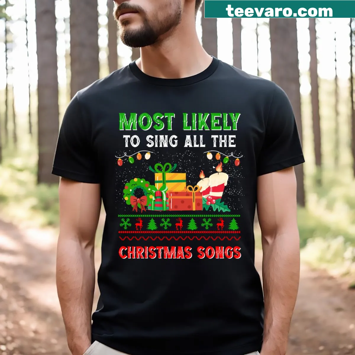 Funny Christmas Songs Lovers T-shirt with humorous text design — on a men's t-shirt