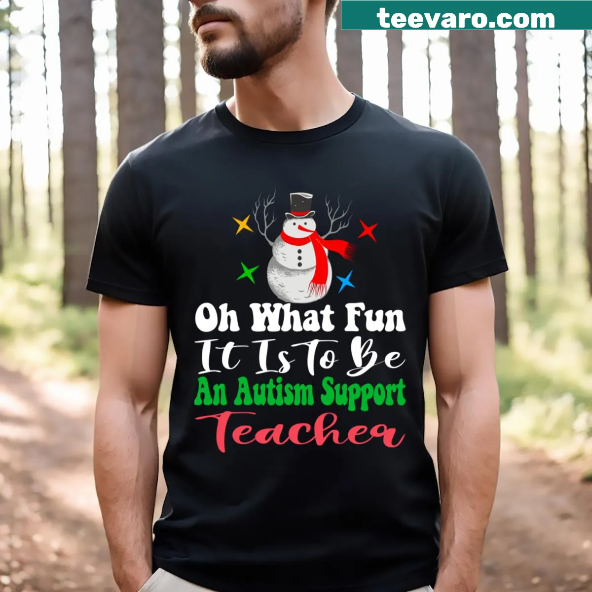 Supportive t-shirt for autism awareness with the phrase 'Oh What Fun' — on a men's t-shirt