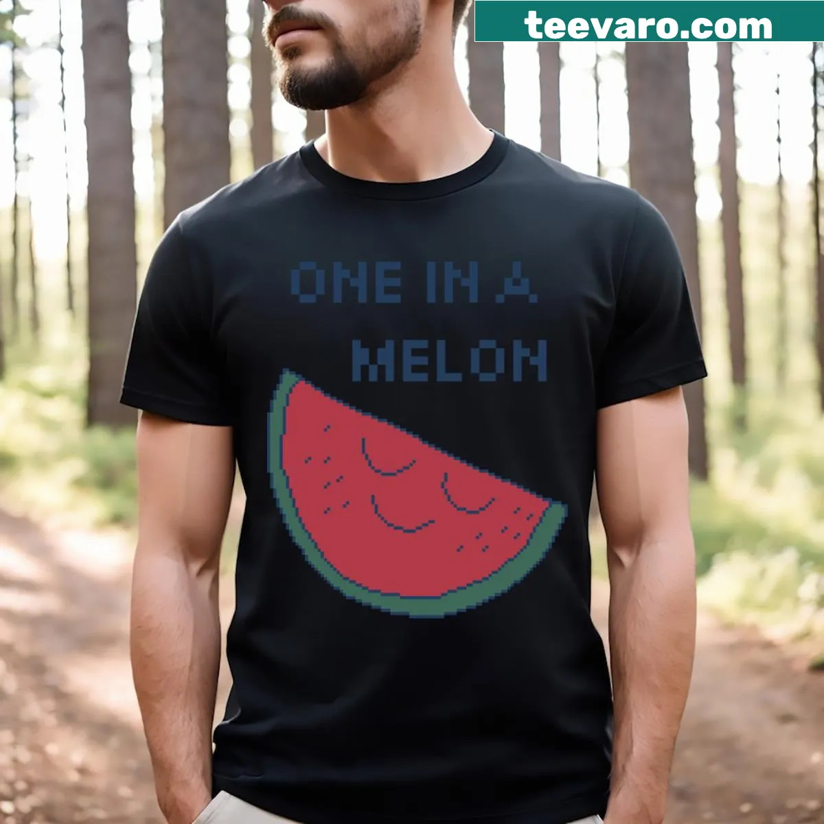 8bit pixel art t-shirt with a watermelon theme and fun text — on a men's t-shirt