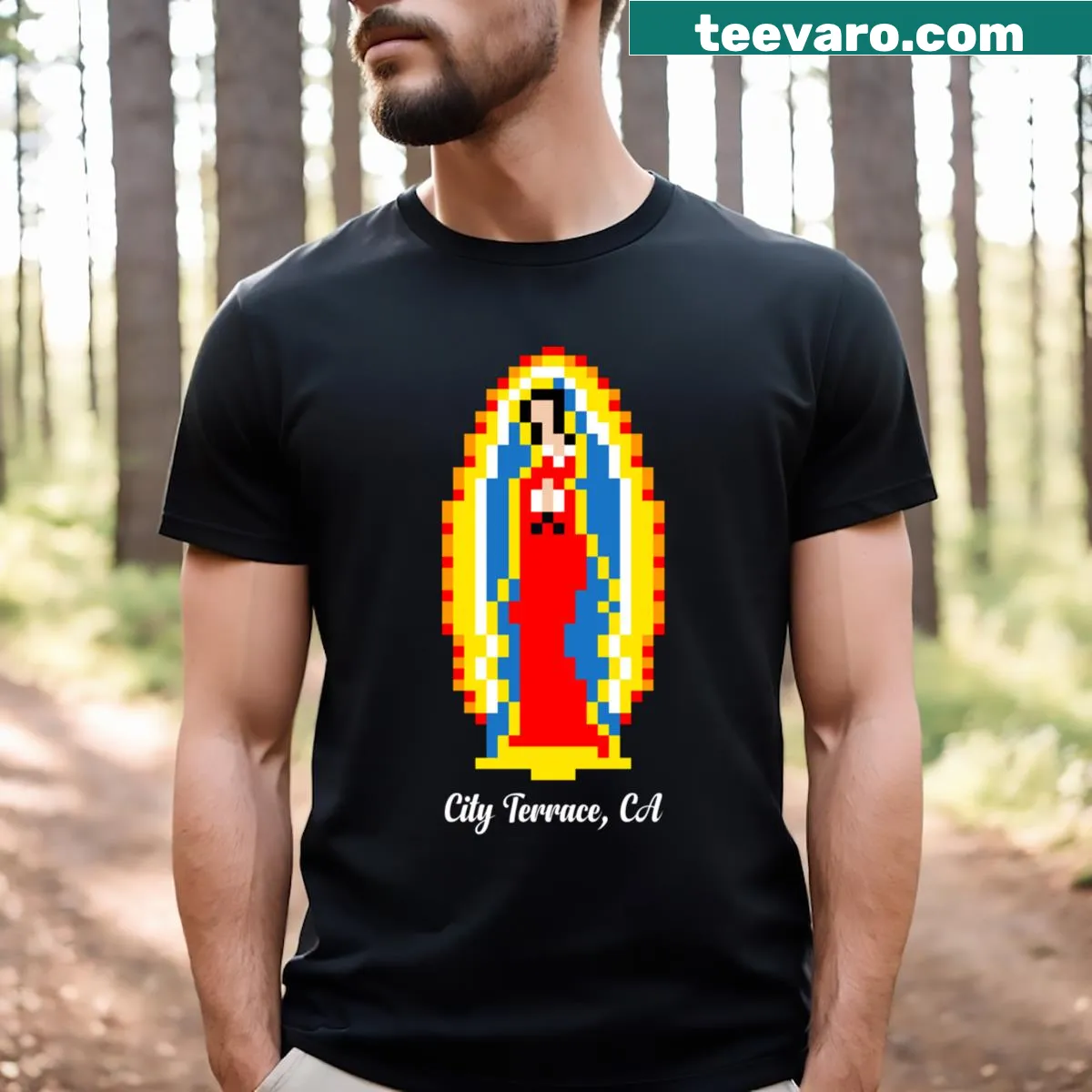 Pixel Guadalupe T-shirt featuring modern design in white text — on a men's t-shirt