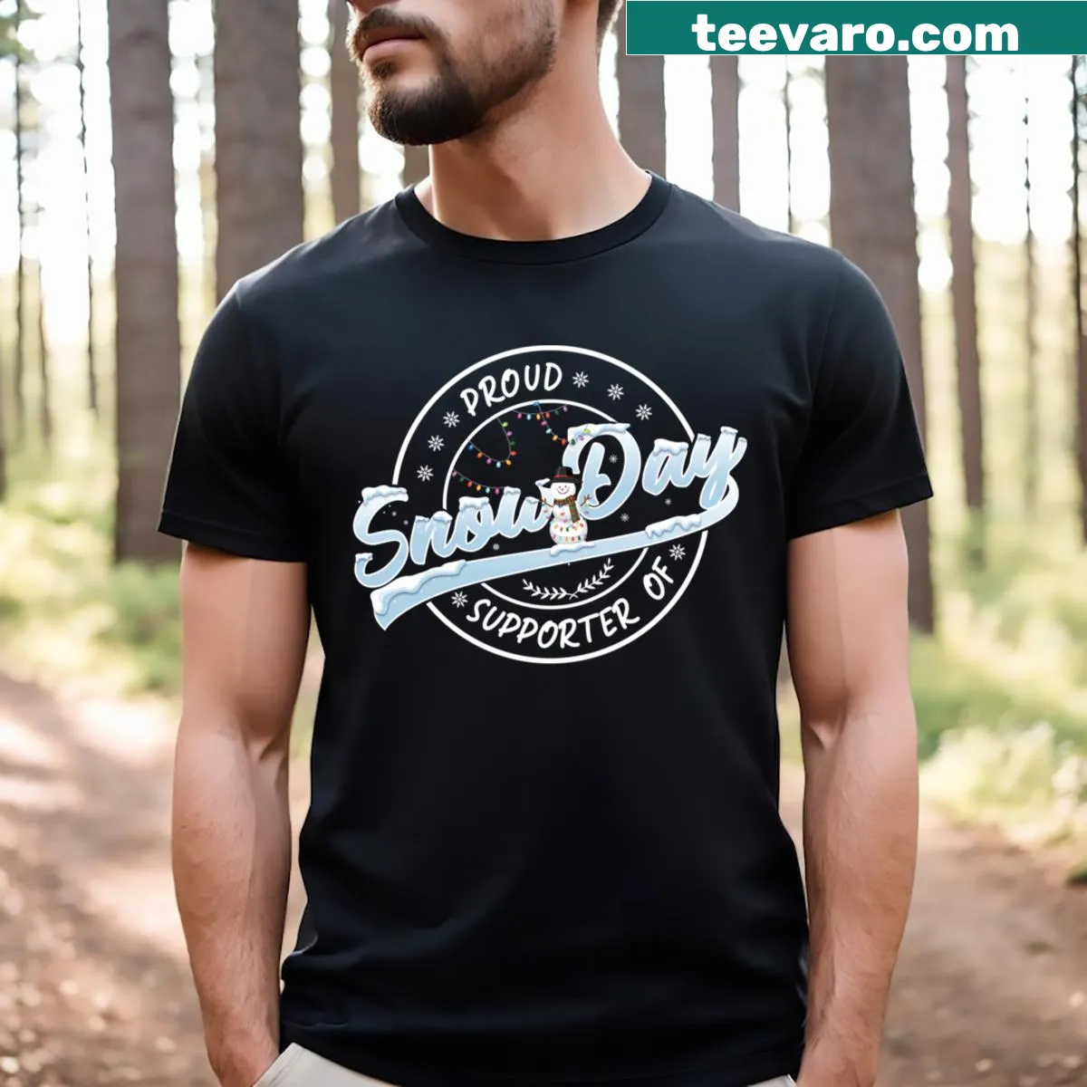 Funny Christmas t-shirt for teachers supporting snow days — on a men's t-shirt