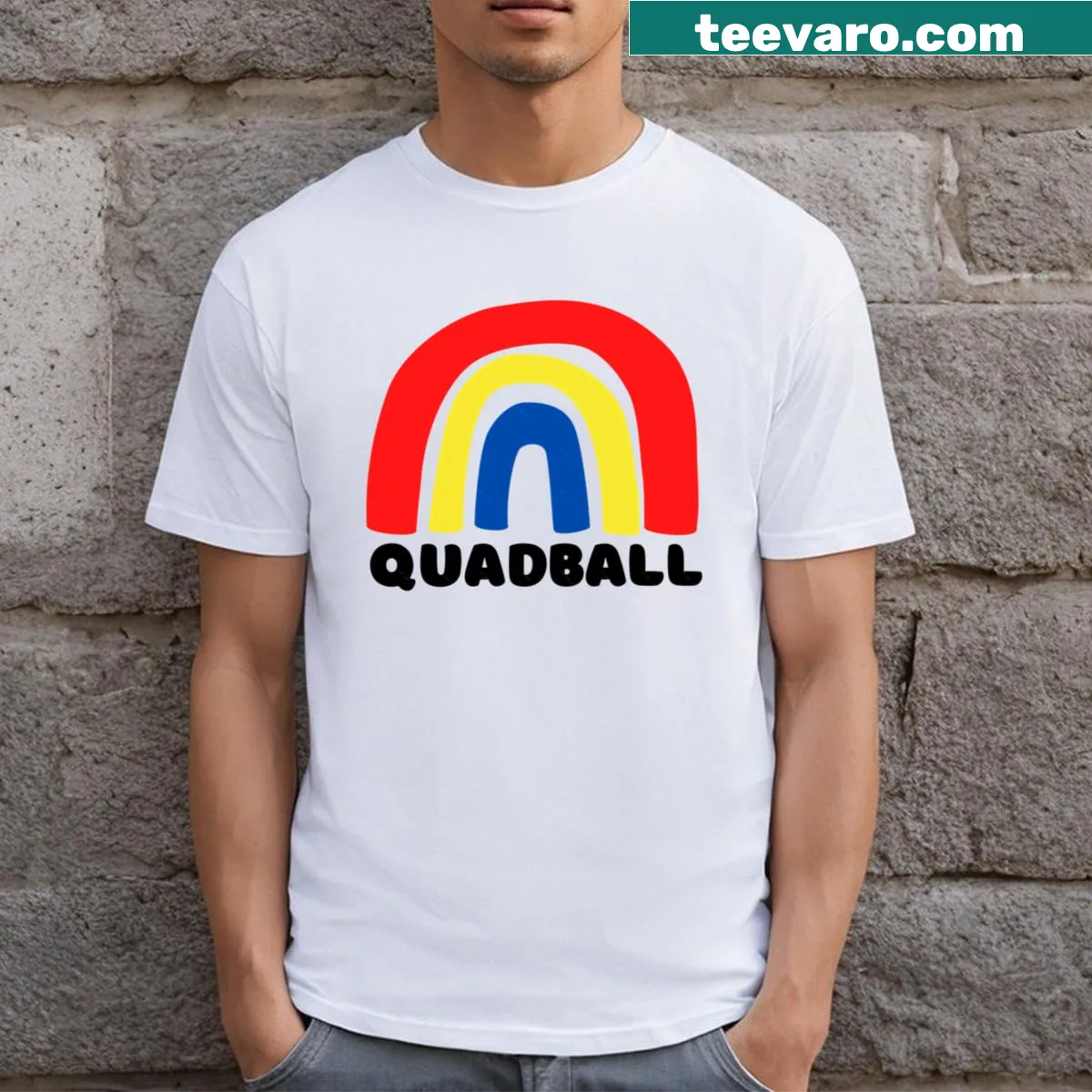 Colorful t-shirt with Quadball text and graphic — on a men's t-shirt