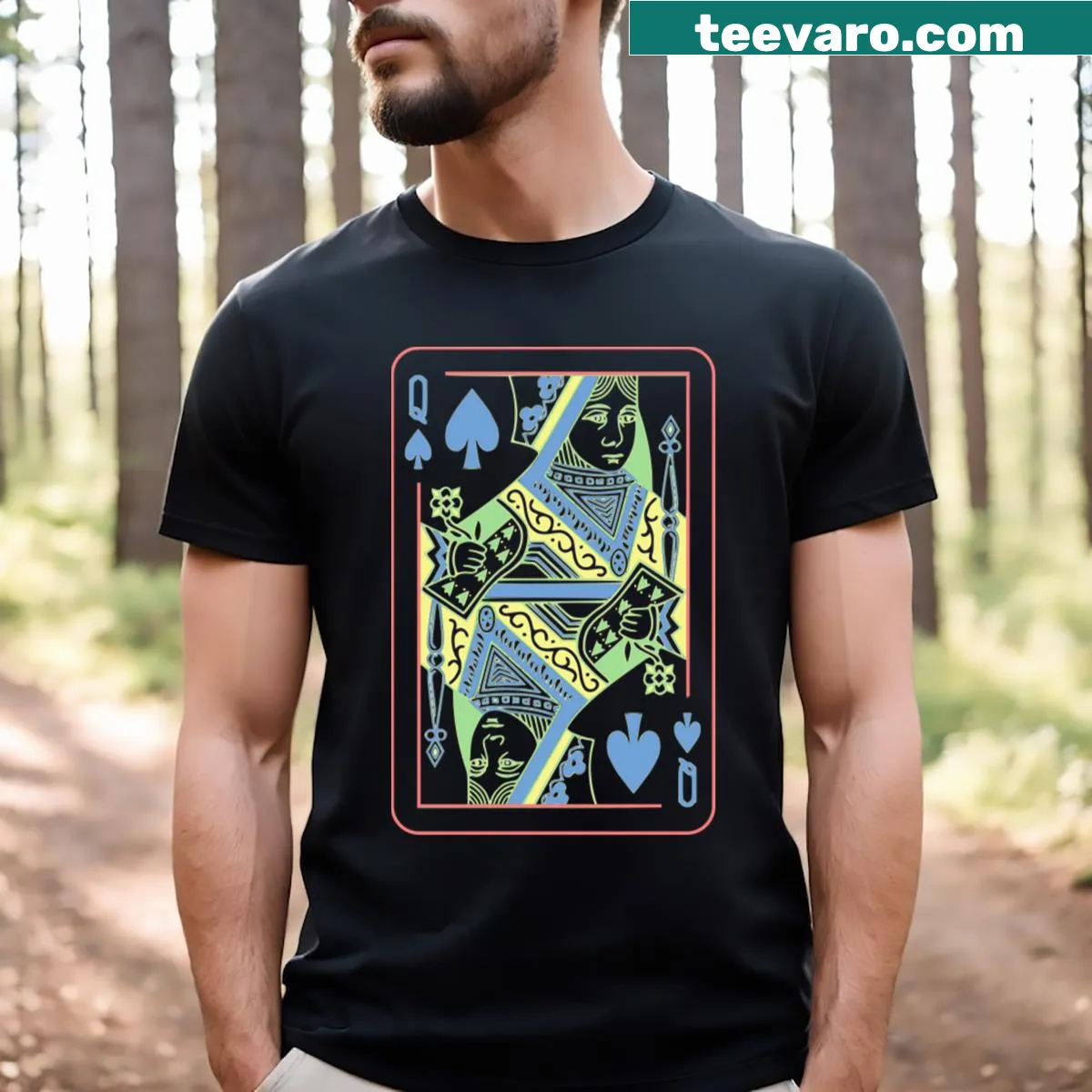 Queen Of Spades T-shirt with spade motif design — on a men's t-shirt