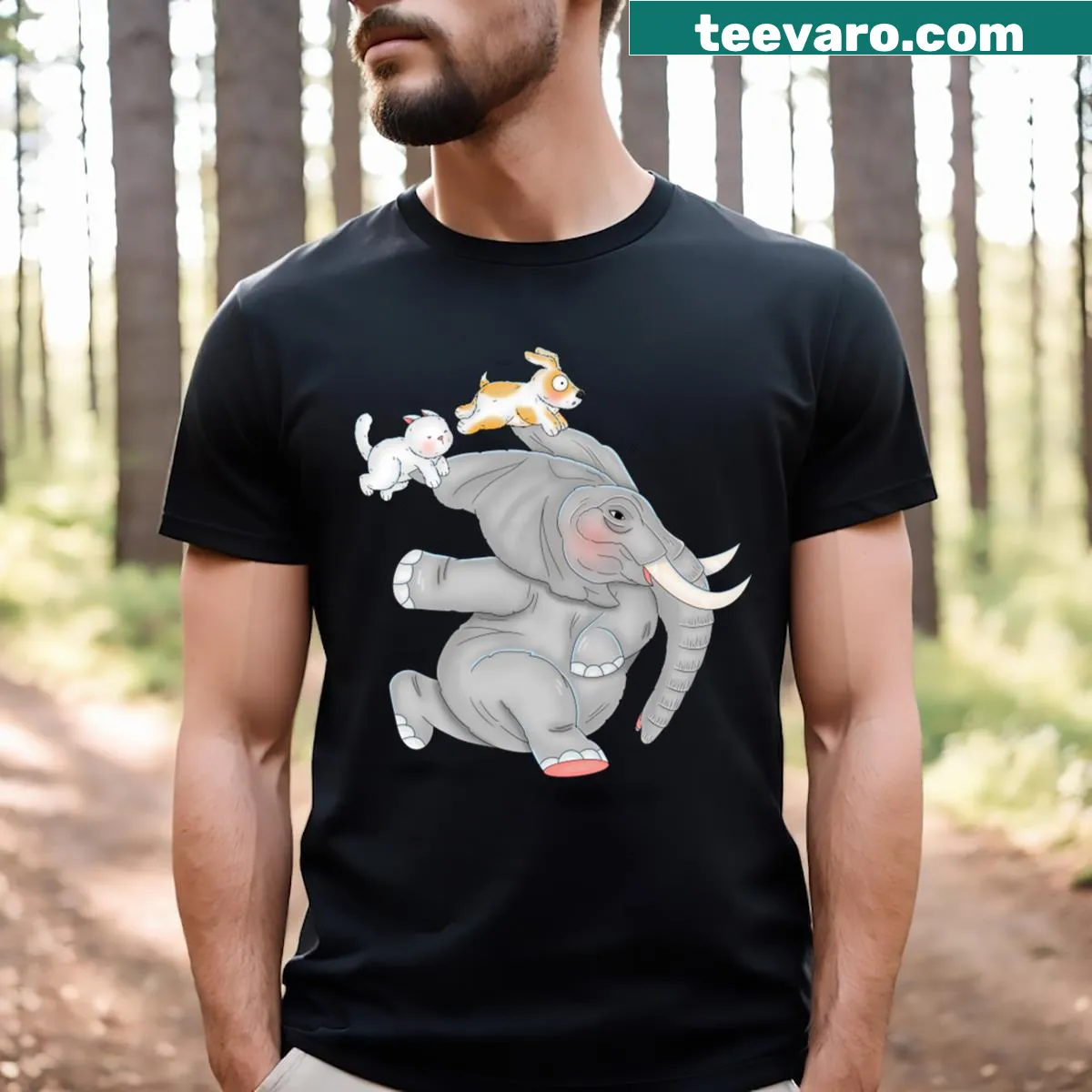 Cartoon running elephant graphic on kids t-shirt — on a men's t-shirt