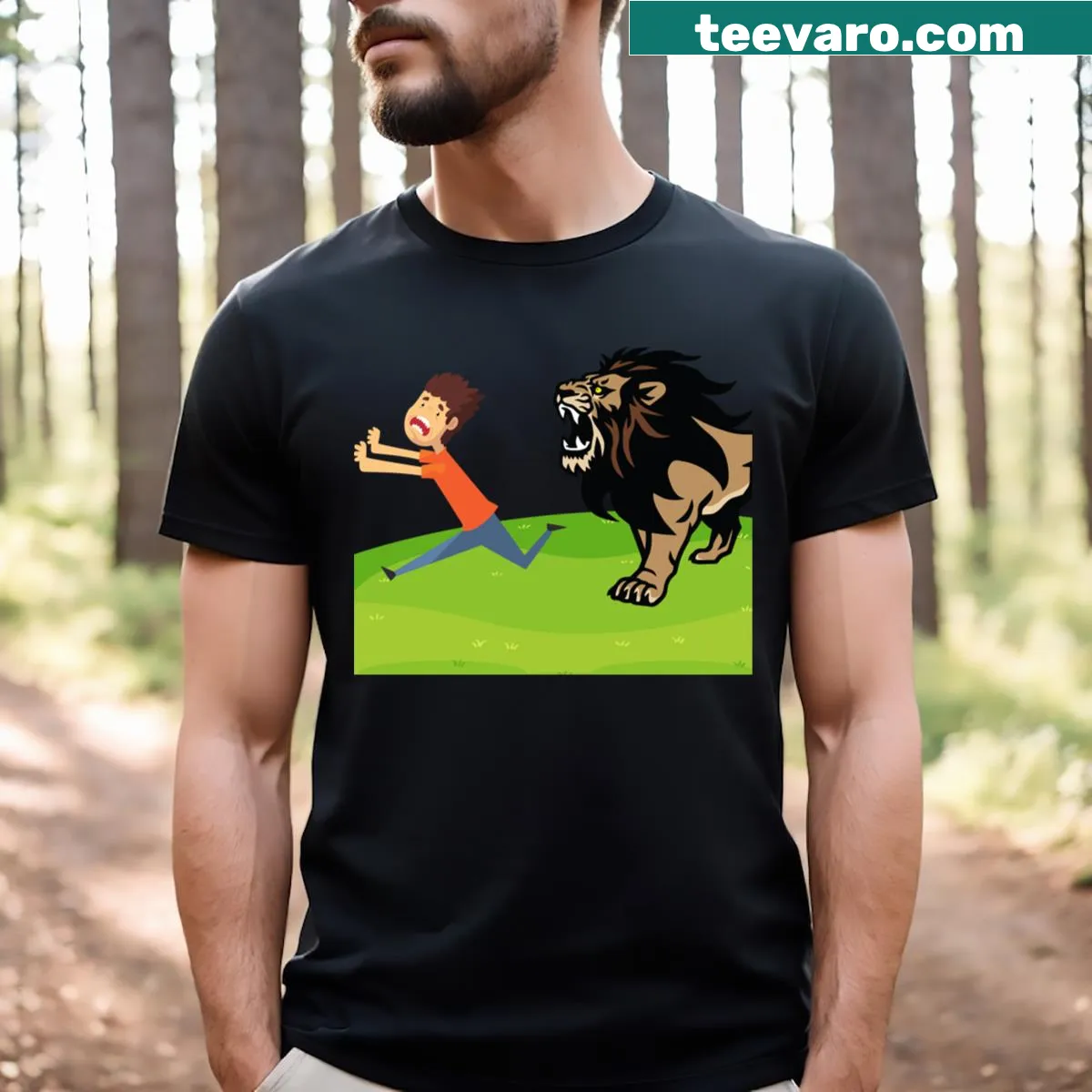 Bold t-shirt with illustration of a man running from a lion — on a men's t-shirt