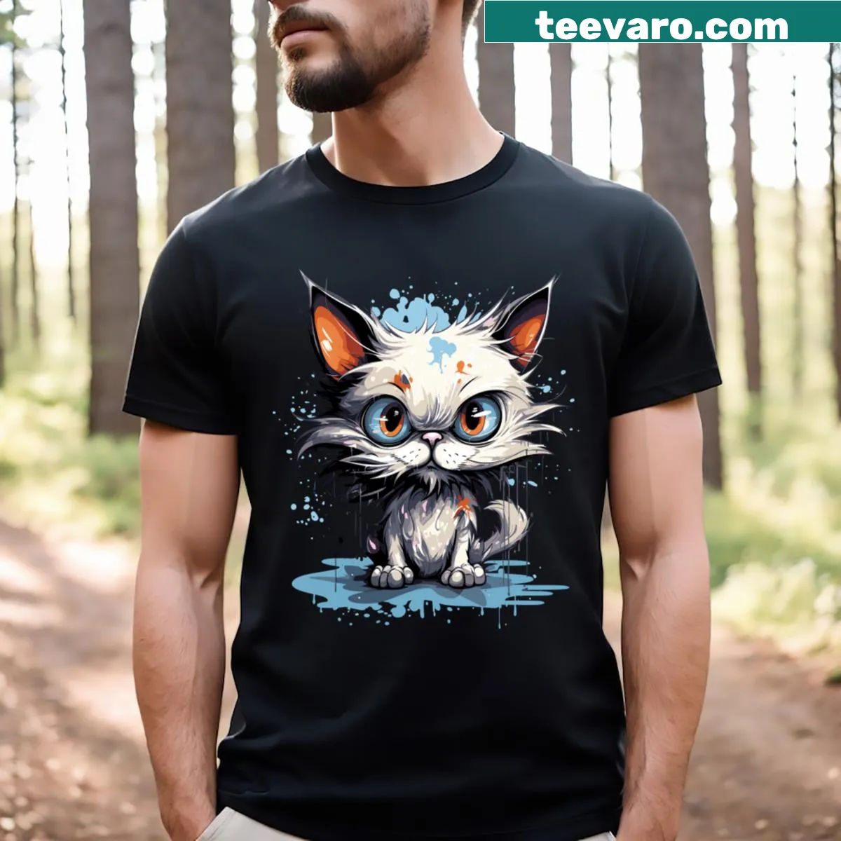 Funny cartoon of a soaking wet cat on a T-shirt — on a men's t-shirt