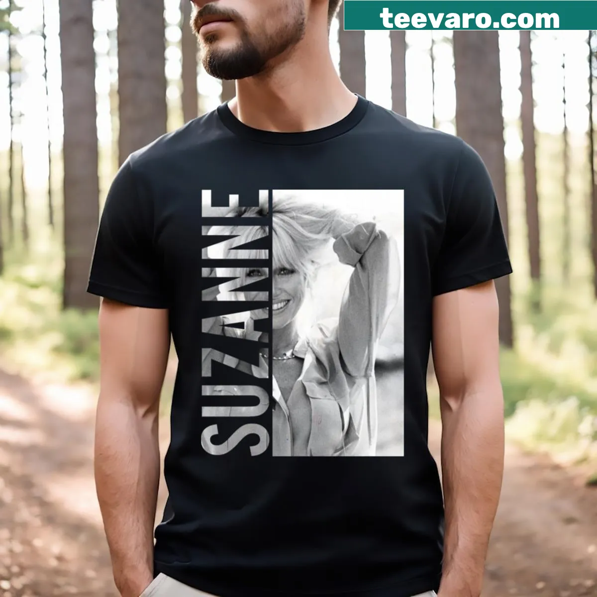 Artistic 'Suzanne Young' text on a literary-themed t-shirt — on a men's t-shirt