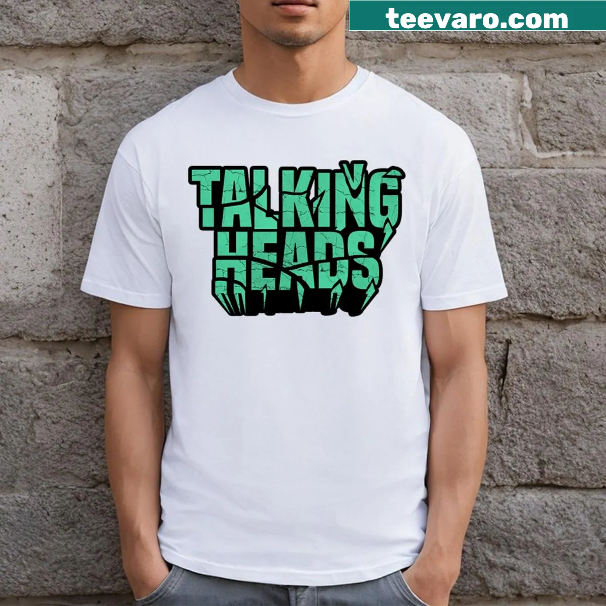3D typography style Talking Heads t-shirt design — on a men's t-shirt