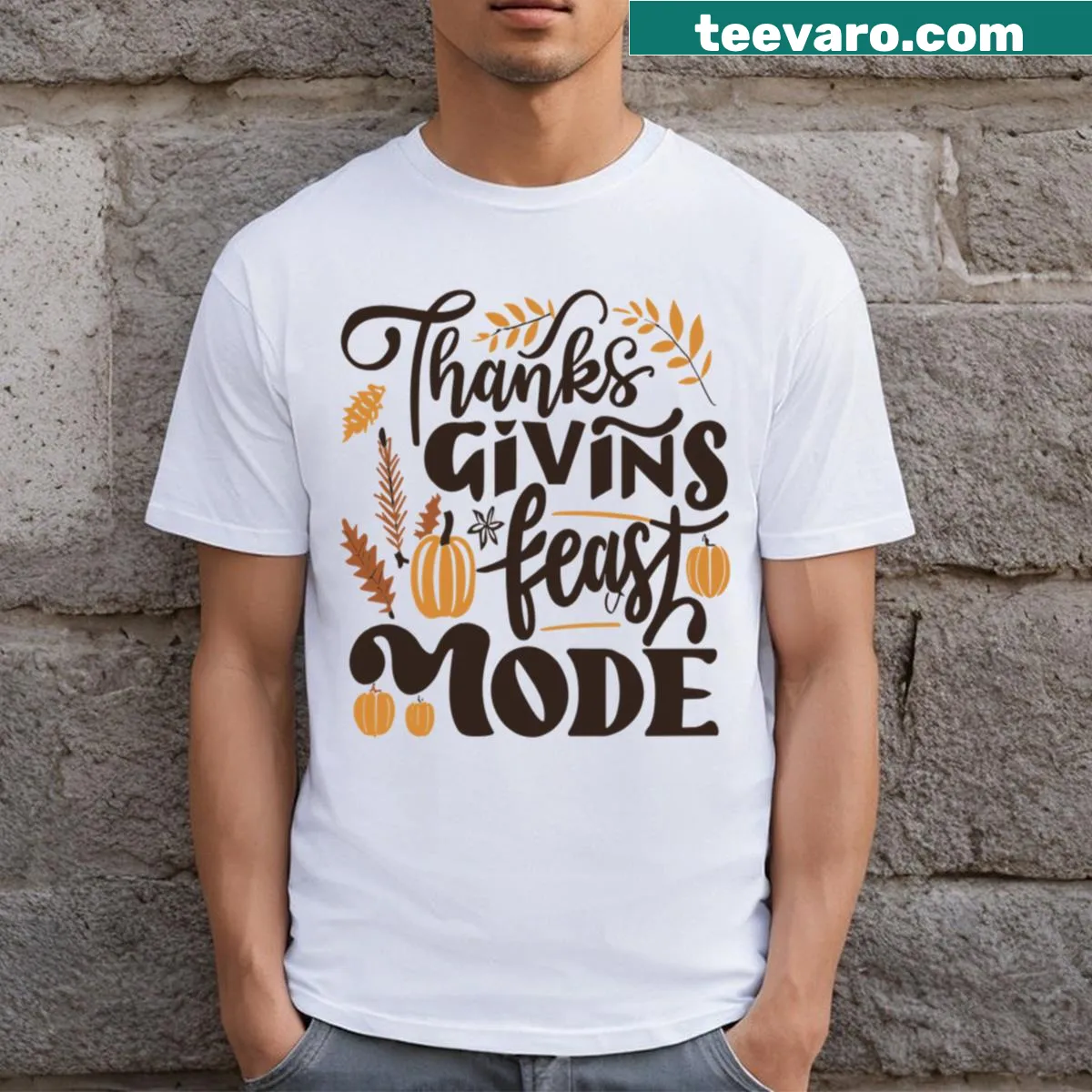 Thanksgiving themed Feast Mode T-shirt with food illustrations — on a men's t-shirt