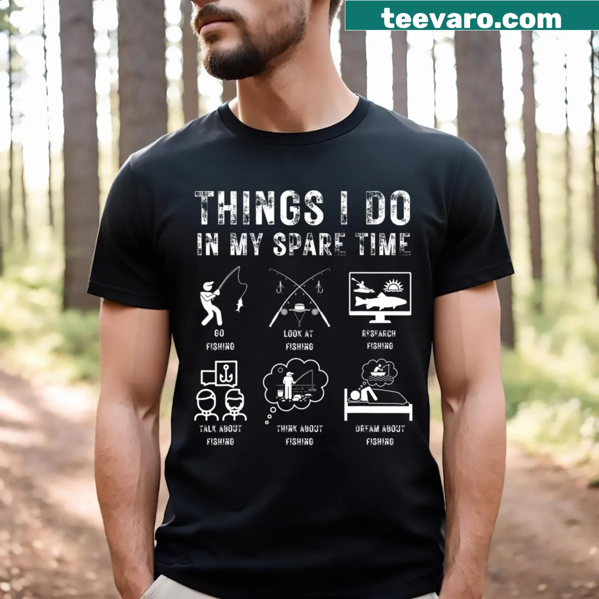 Humorous vintage fishing T-shirt with fishing activities listed. — on a men's t-shirt
