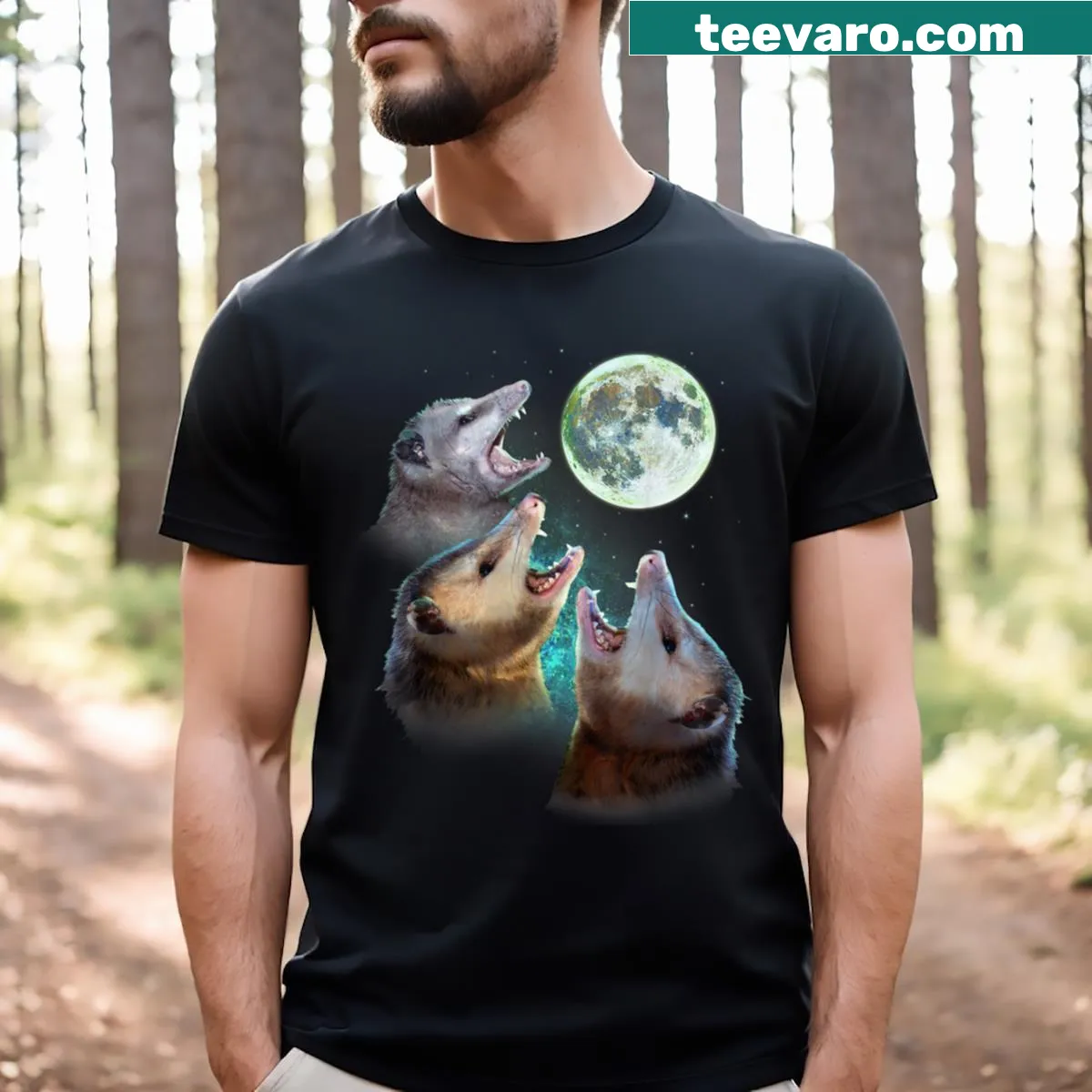 Artistic t-shirt showing three howling animals under the moonlight — on a men's t-shirt