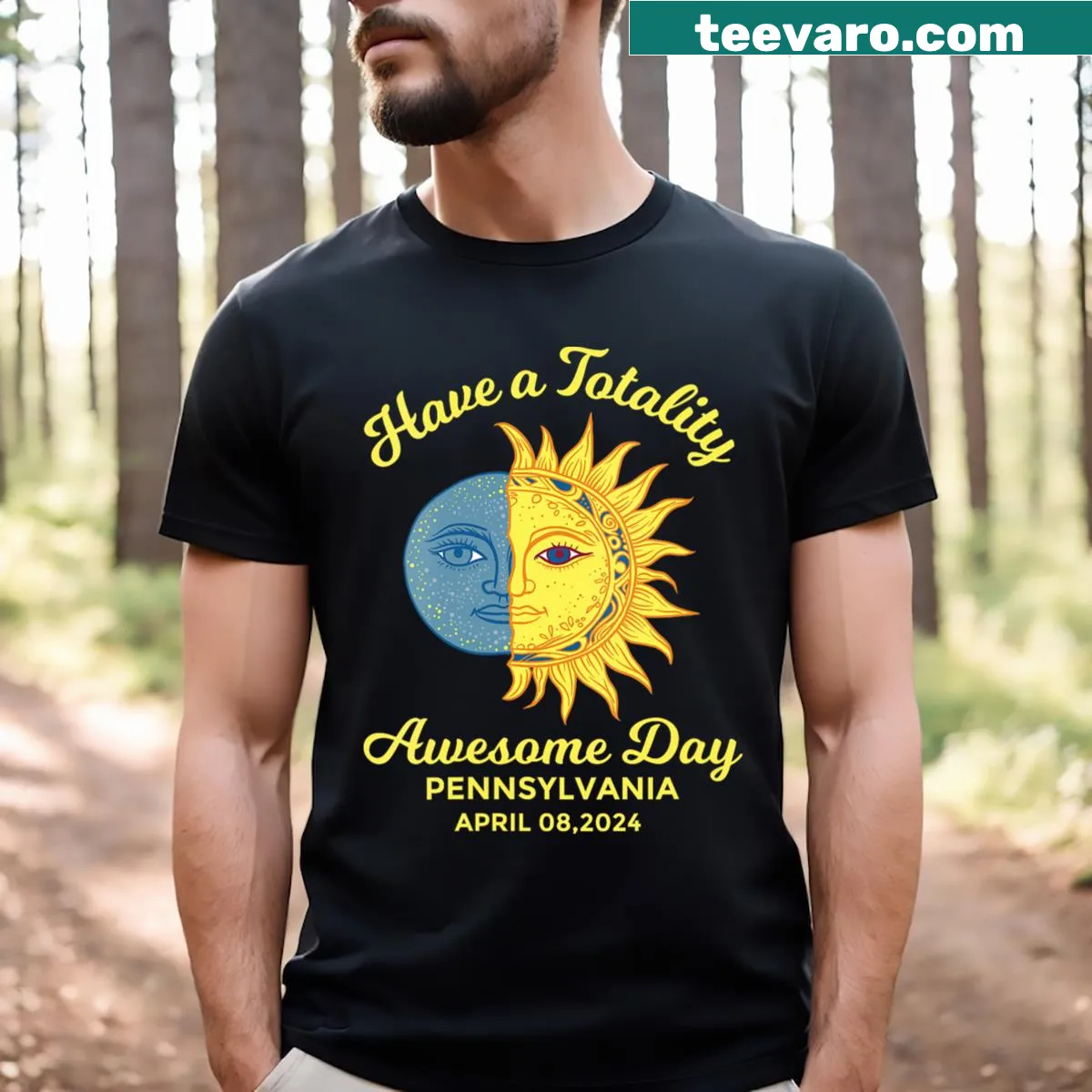 Retro boho V-neck t-shirt featuring a total solar eclipse graphic — on a men's t-shirt