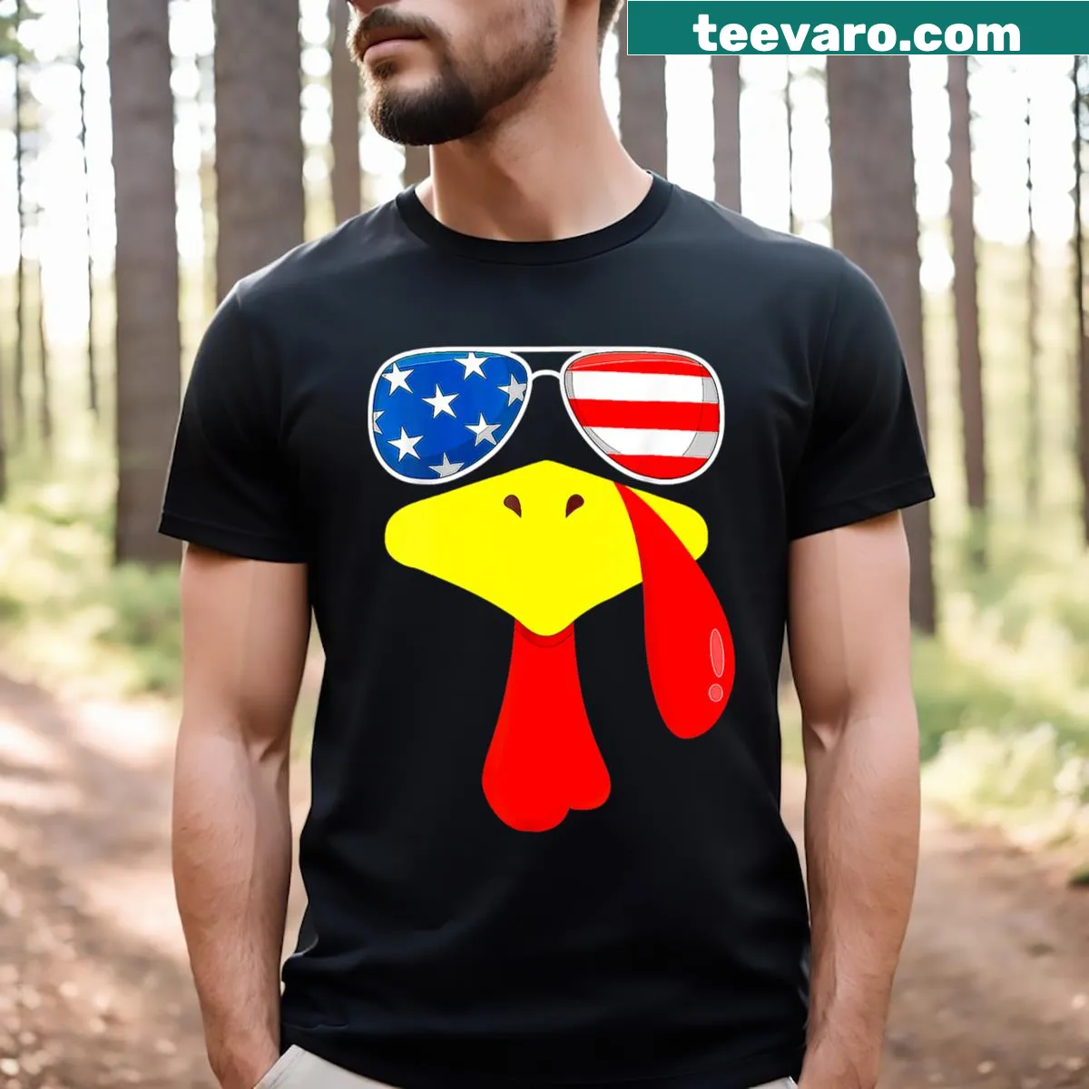 Cute Thanksgiving T-shirt featuring a turkey with sunglasses — on a men's t-shirt