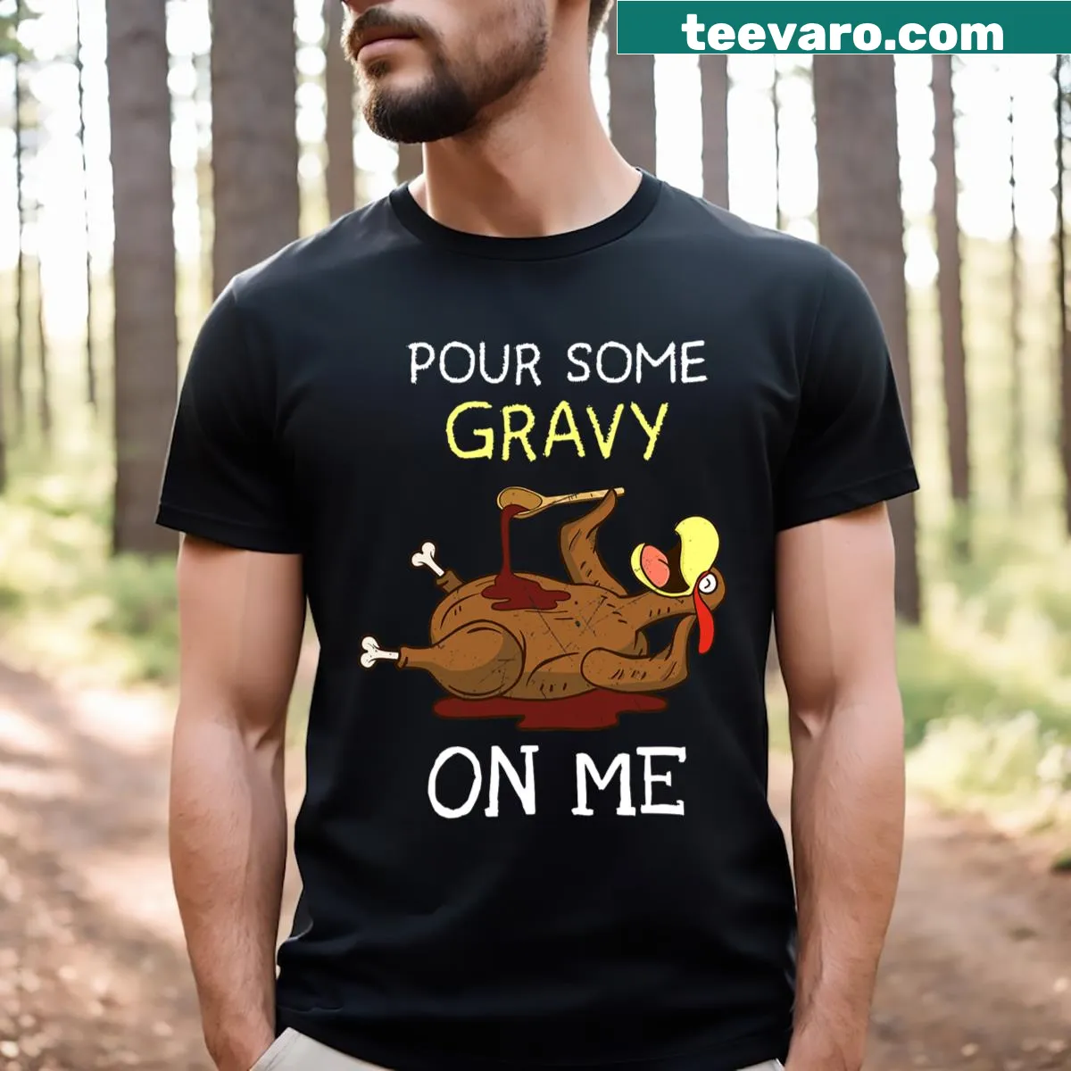 Funny Thanksgiving T-shirt with gravy-themed text — on a men's t-shirt