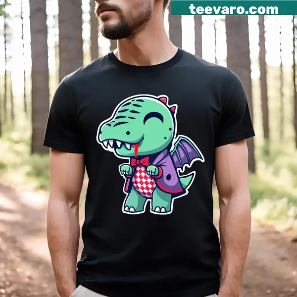 Cartoon chibi dragon design featuring a vampire dinosaur character