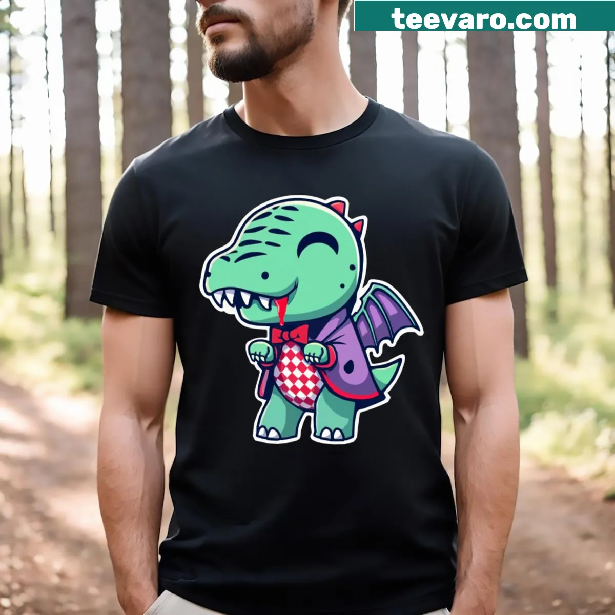 Cartoon chibi dragon design featuring a vampire dinosaur character — on a men's t-shirt