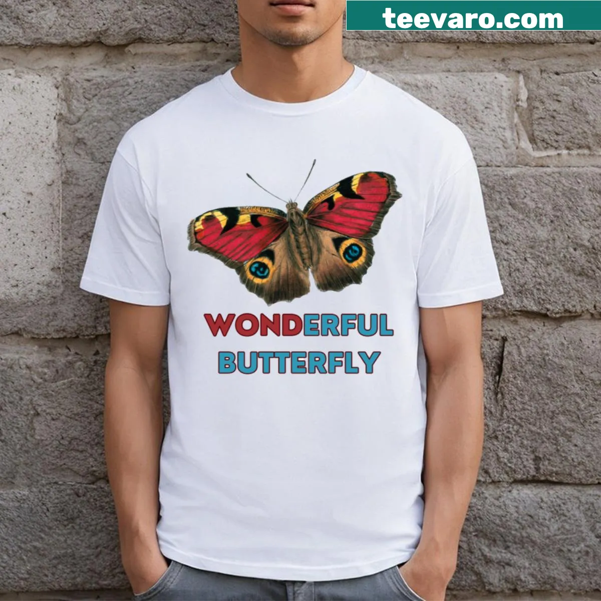 Elegant t-shirt featuring a butterfly illustration in flight — on a men's t-shirt