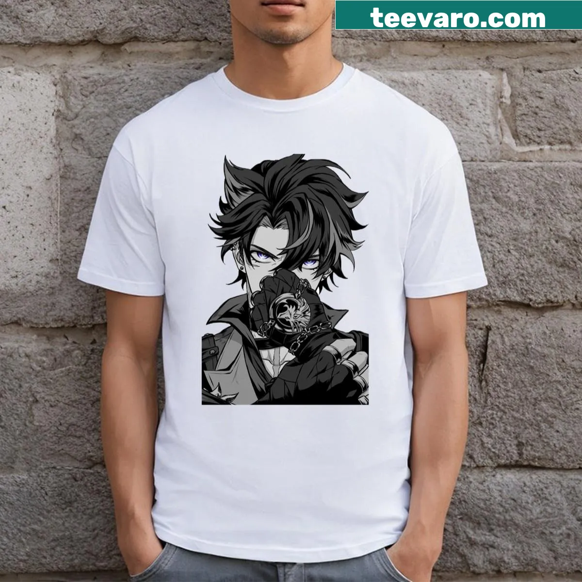 Cartoon graphic of Wriothesley from Genshin Impact on a t-shirt — on a men's t-shirt
