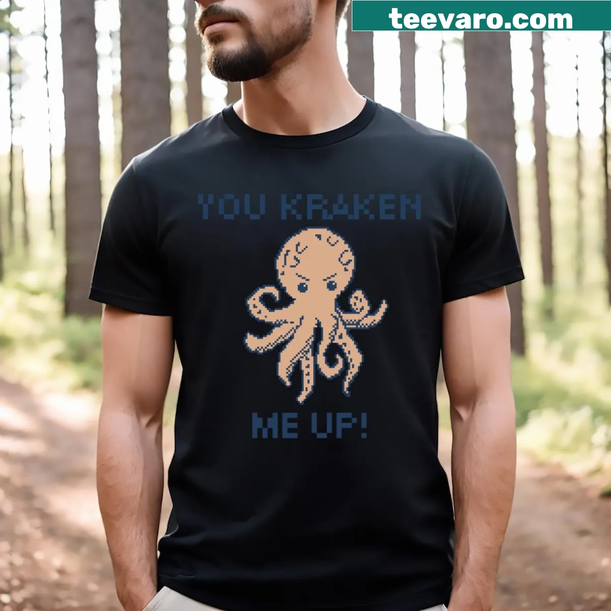 8-bit pixel art giant squid with the text You Kraken Me Up! — on a men's t-shirt