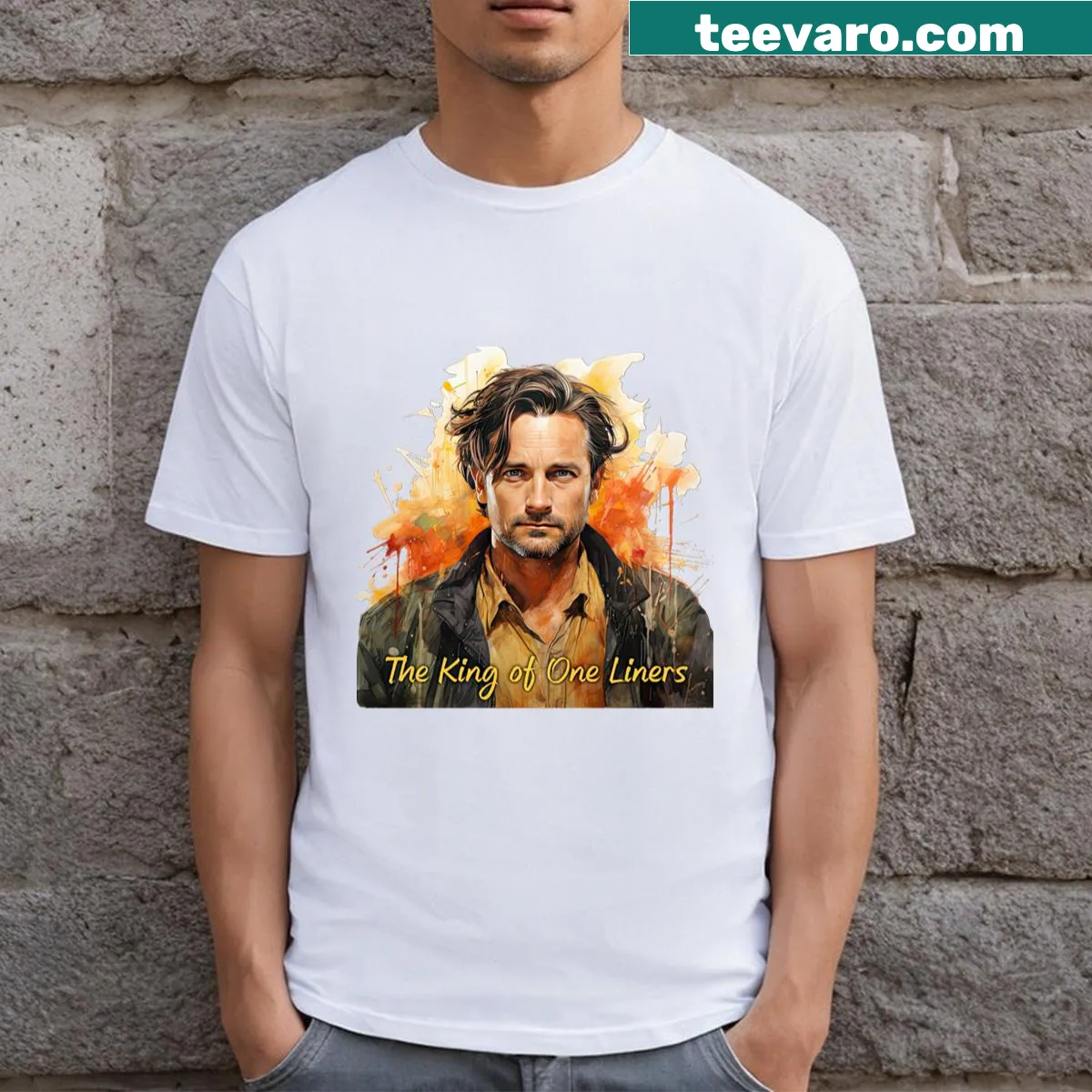 Humorous shirt highlighting 'Young Matthew Perry King Of One Liners' in bold text. — on a men's t-shirt