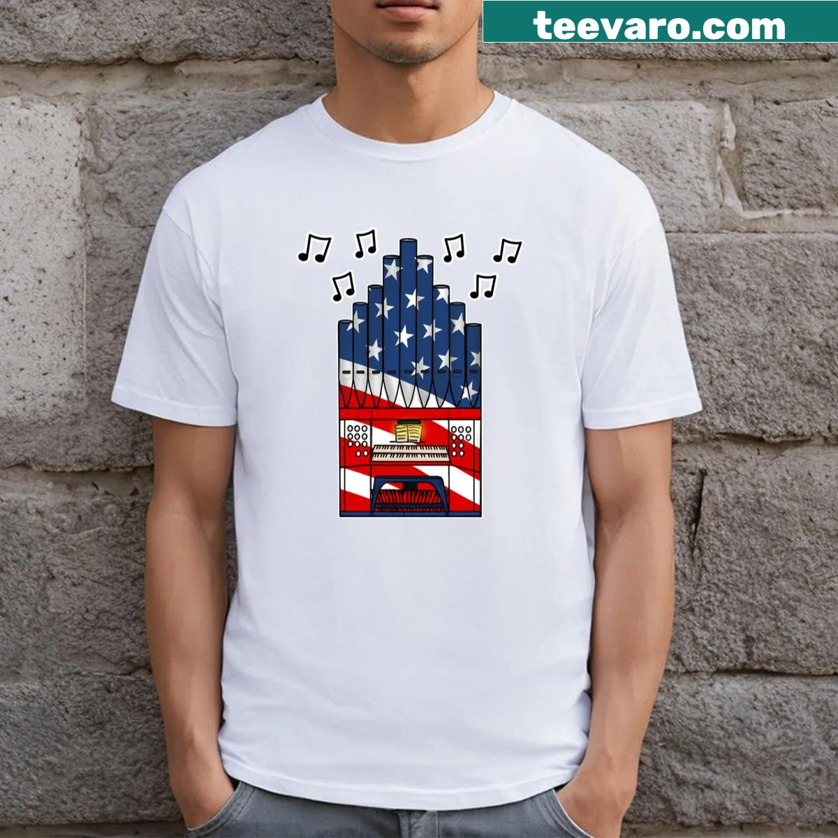 T-shirt combining American flag with church organist theme. — on a men's t-shirt