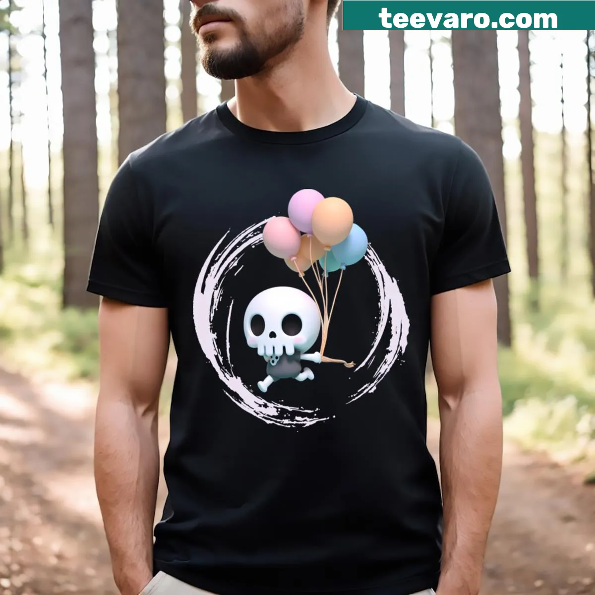 Cute baby skeleton holding a balloon t-shirt — on a men's t-shirt
