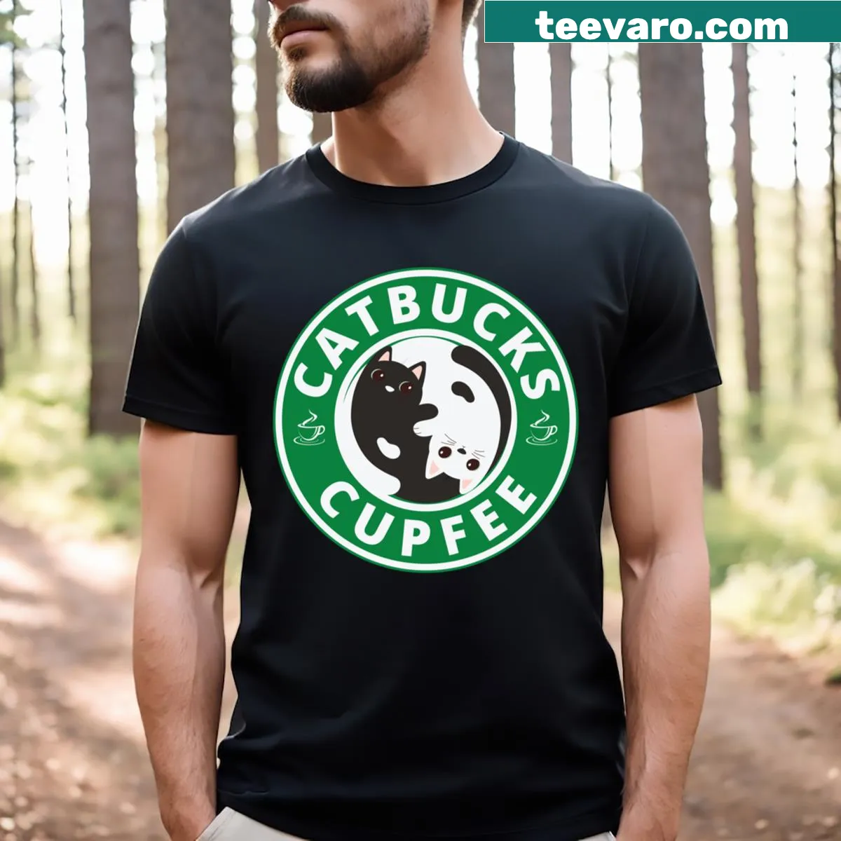 Cartoon coffee cup graphic with Catbucks Cupfee text — on a men's t-shirt