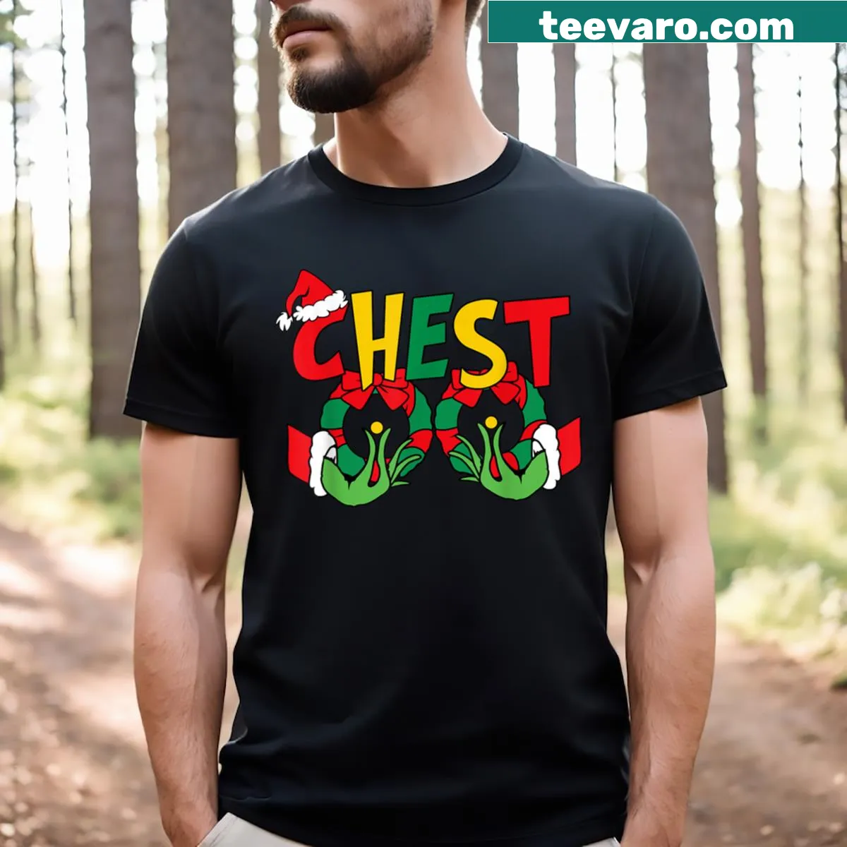 Funny Christmas design featuring chestnuts for couples — on a men's t-shirt