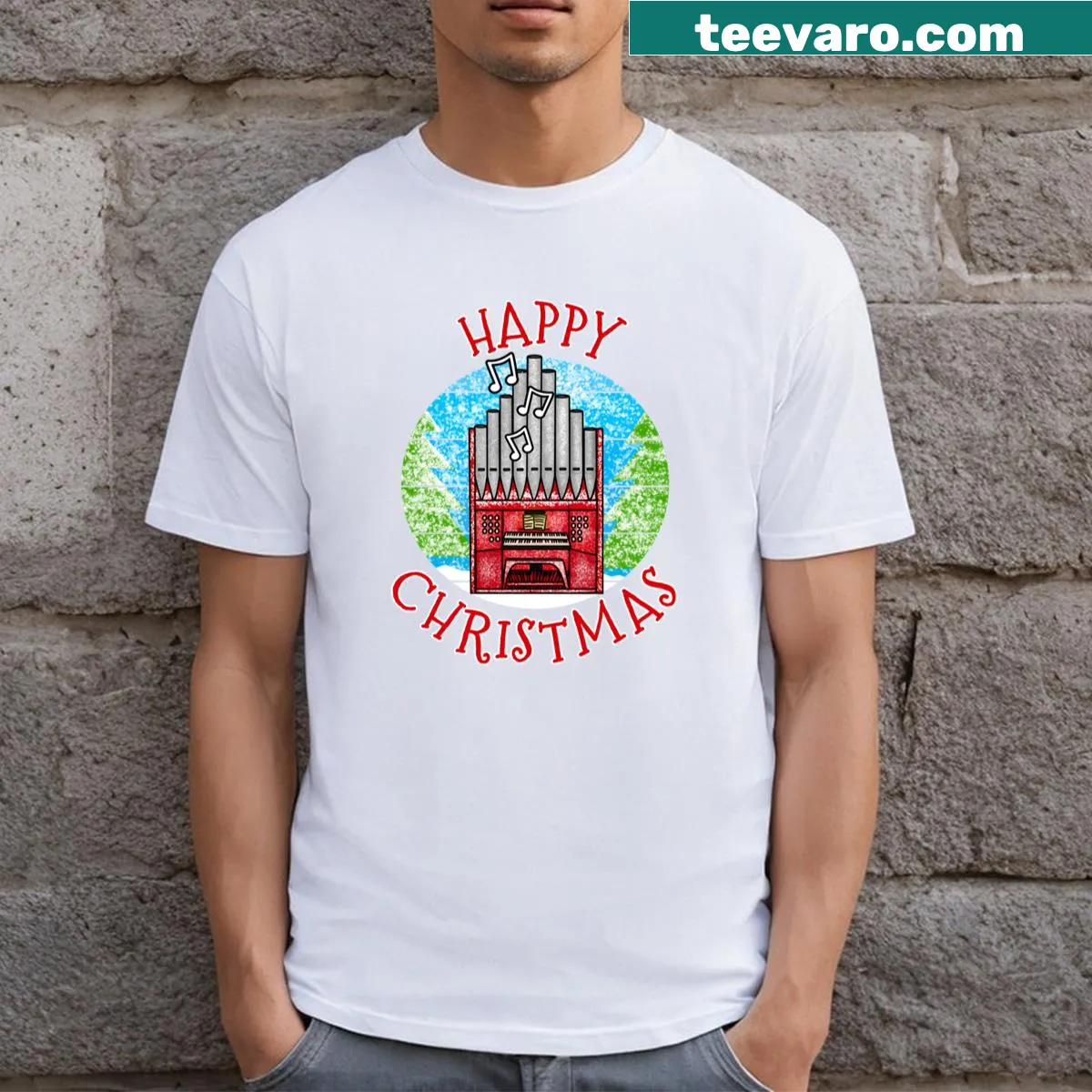 Christmas T-shirt for organists featuring festive illustrations — on a men's t-shirt