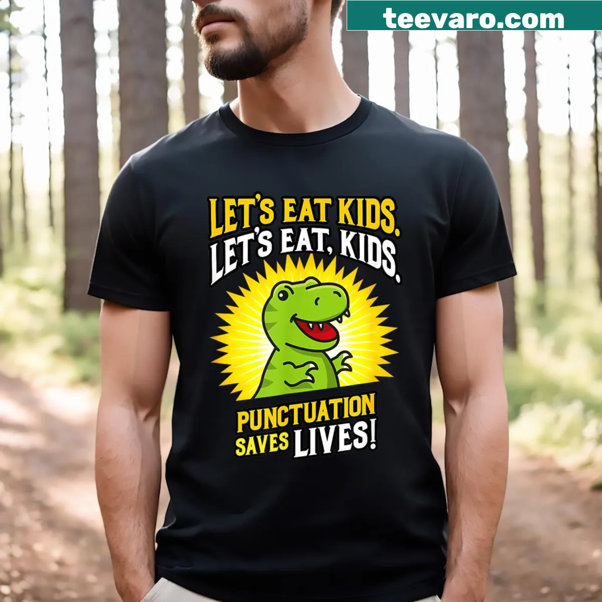 Funny dinosaur tee with a message about punctuation and kids — on a men's t-shirt