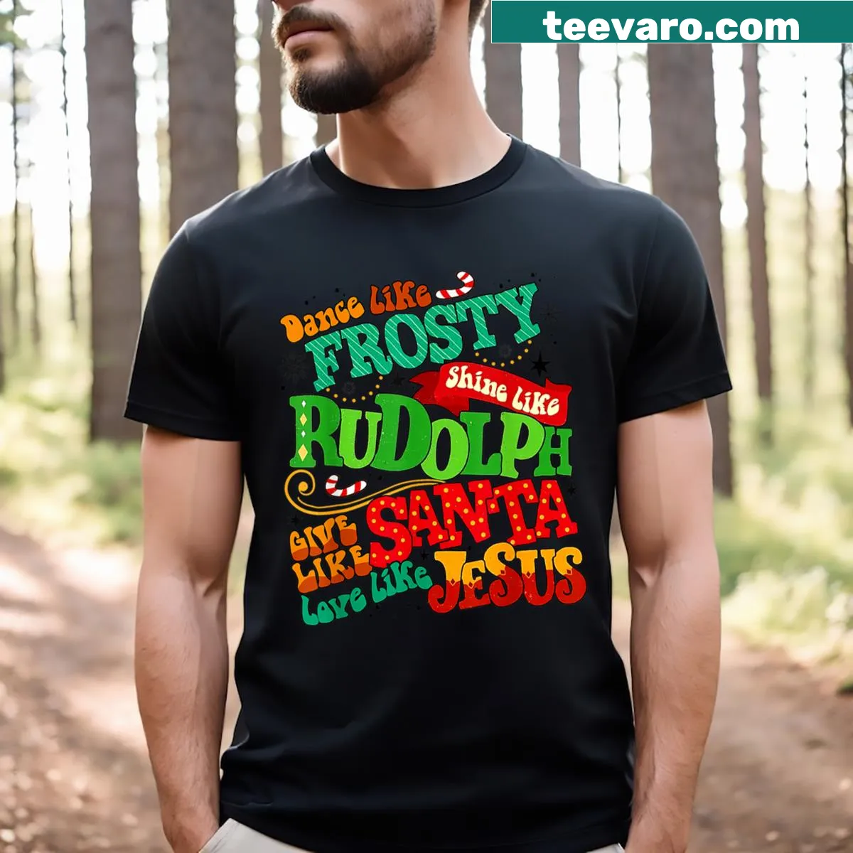 Festive Christmas shirt with Frosty, Rudolph, and cheerful text — on a men's t-shirt