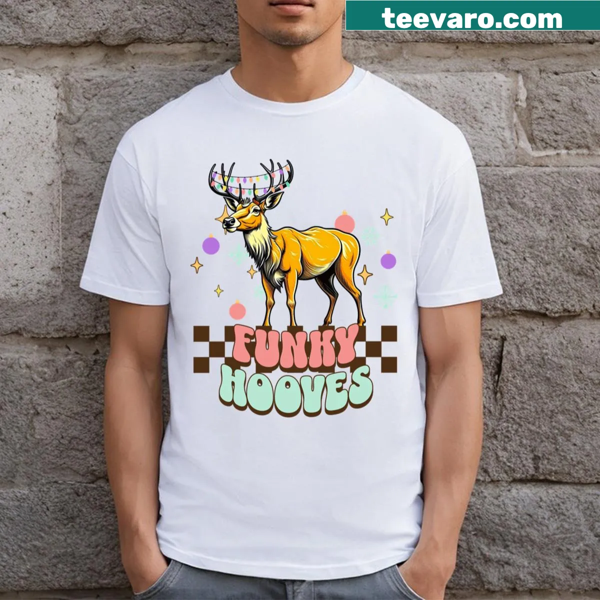 Cute cartoon T-shirt featuring a funky reindeer design — on a men's t-shirt