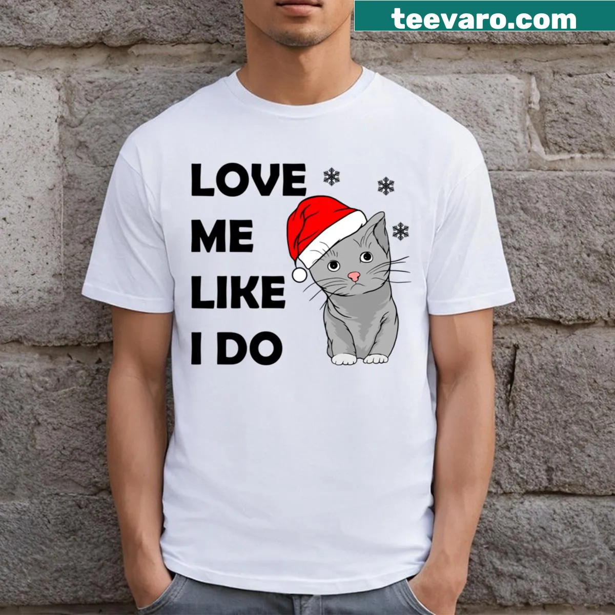 Funny Christmas T-shirt with cat lover slogan and festive theme — on a men's t-shirt