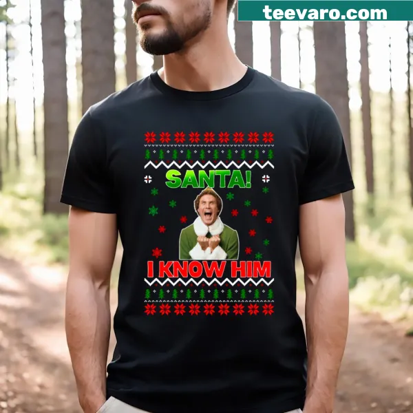 Whimsical Christmas T-shirt with 'I Know Santa' text graphic.