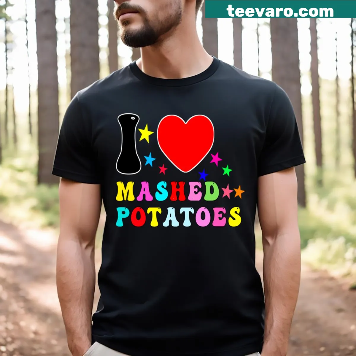 Funny Thanksgiving t-shirt celebrating mashed potatoes and holiday food — on a men's t-shirt