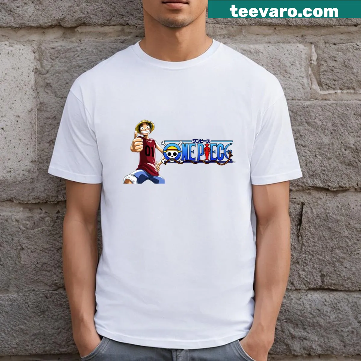 Cute cartoon graphic T-shirt featuring Luffy San character. — on a men's t-shirt