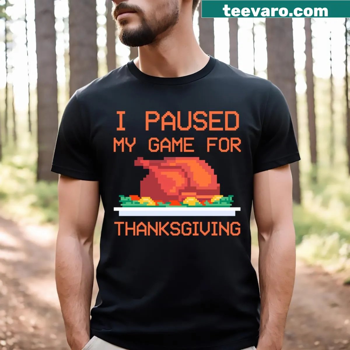 Funny gamer t-shirt with Thanksgiving pause graphic — on a men's t-shirt